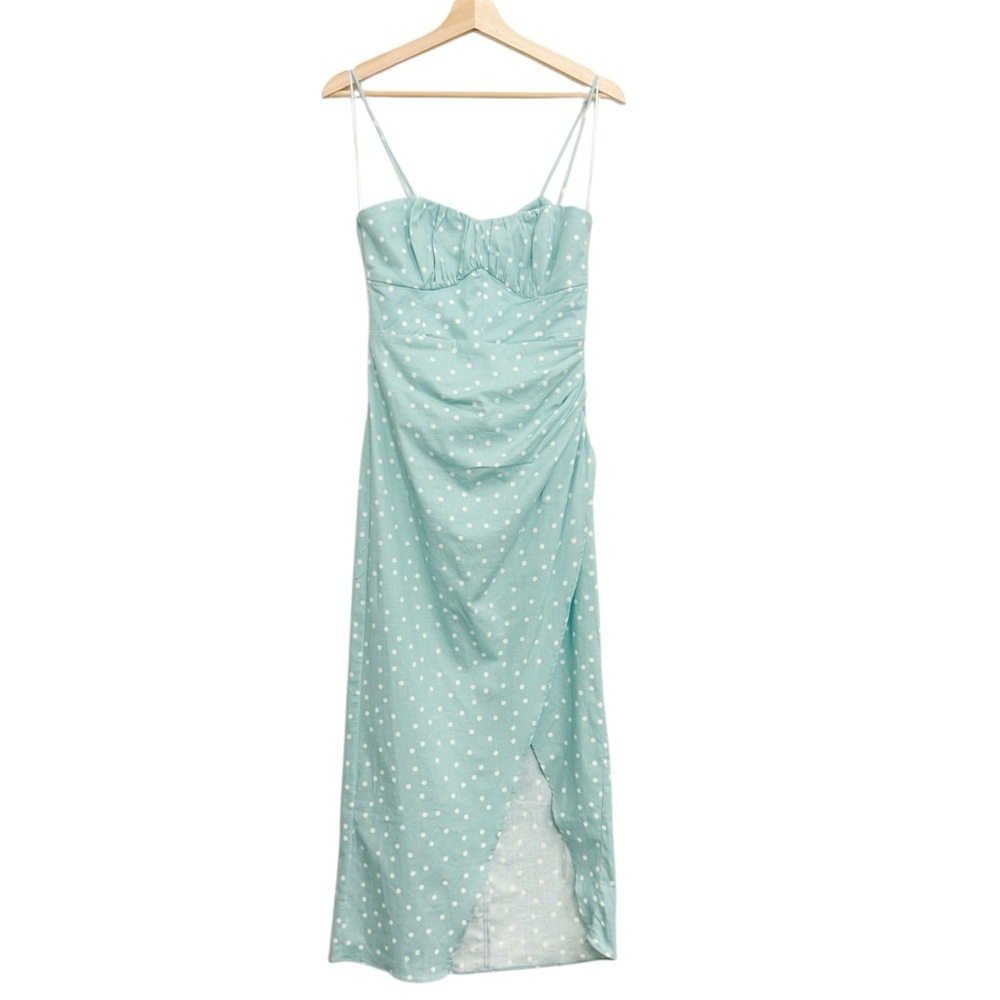 NWT Zara Linen Blend Polka Dot Midi Dress in Light Turquoise Size S - Picture 8 of 16